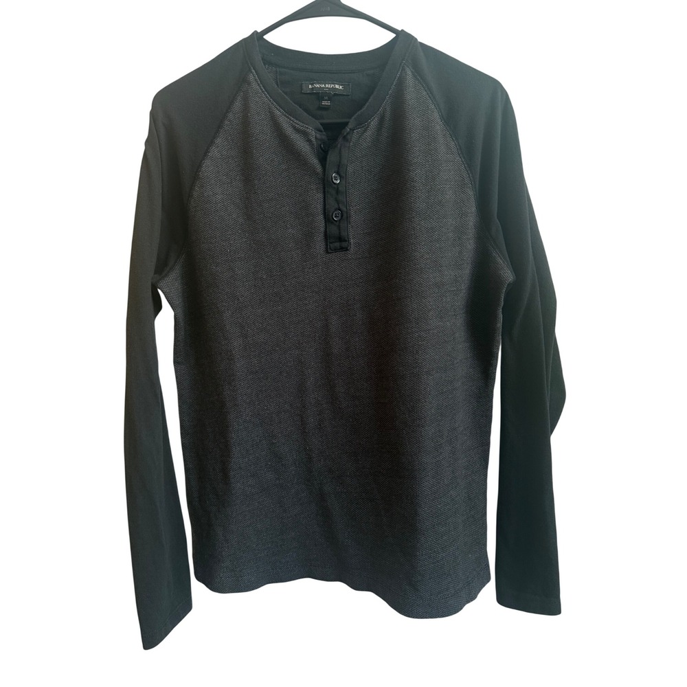 Banana Republic Mens Raglan Henley Shirt Black Charcoal Grey Textured M Gorpcore